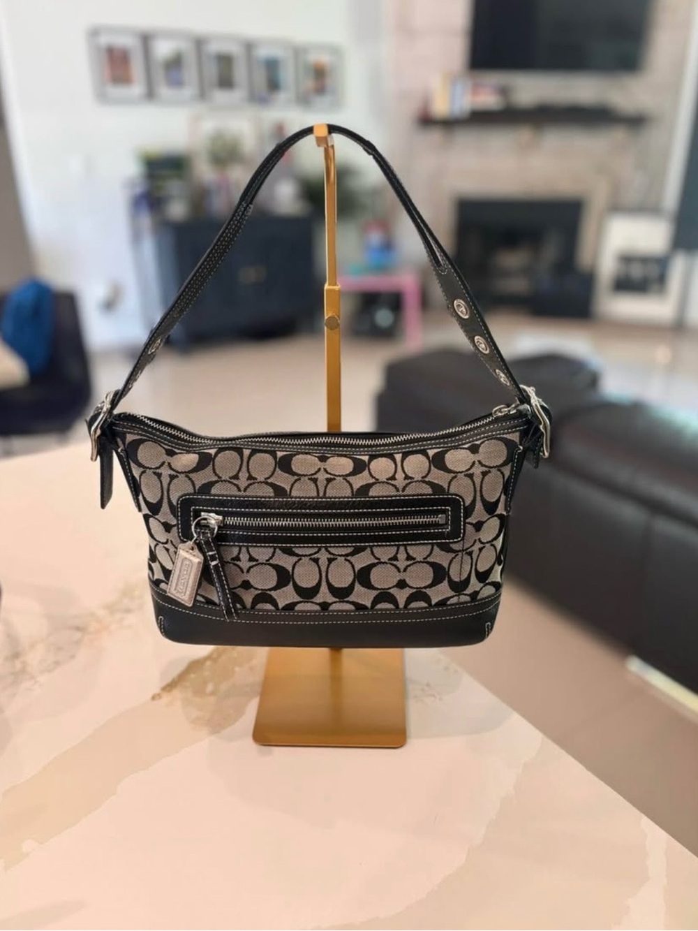 Coach Black and Khaki Signature Canvas Shoulder Bag
